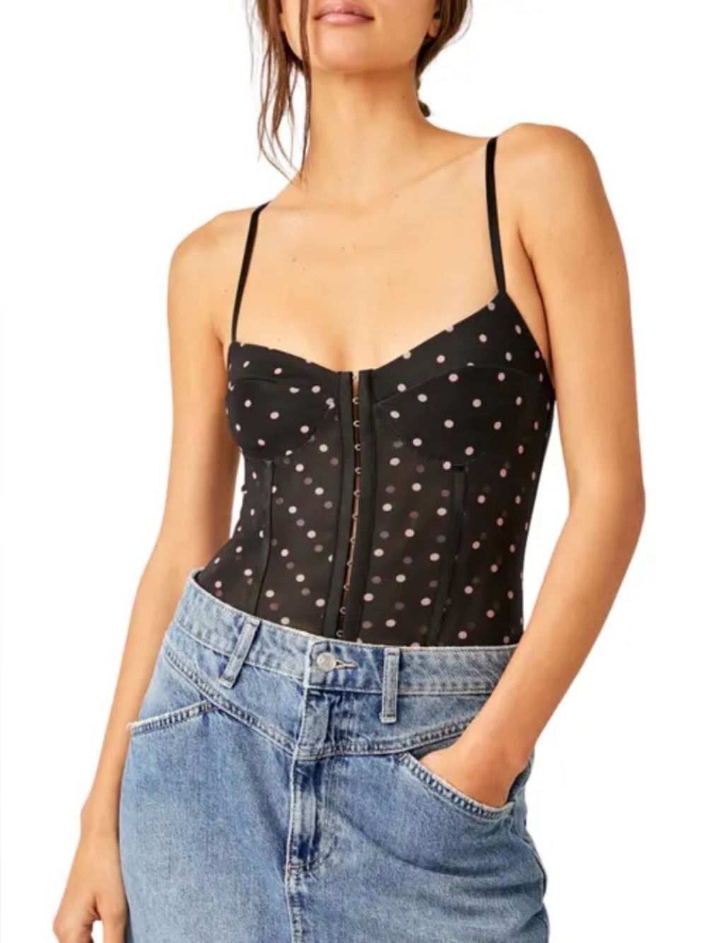 FP Intimately Black Polka Dot Mesh Bodysuit. Size XS